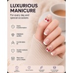 Nude French Tip Cherry Press‑On Nails, Short Square Cute Sweet False Nails